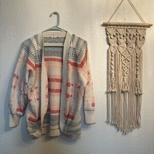Cozy Aztec Open-Front Cardigan Sweater in Cream and Coral